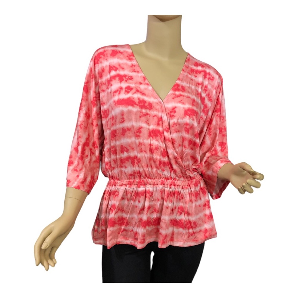 Colleen Lopez NWT Red and White Tie Dye Peplum Top with Faux Wrap and V-Neck ~